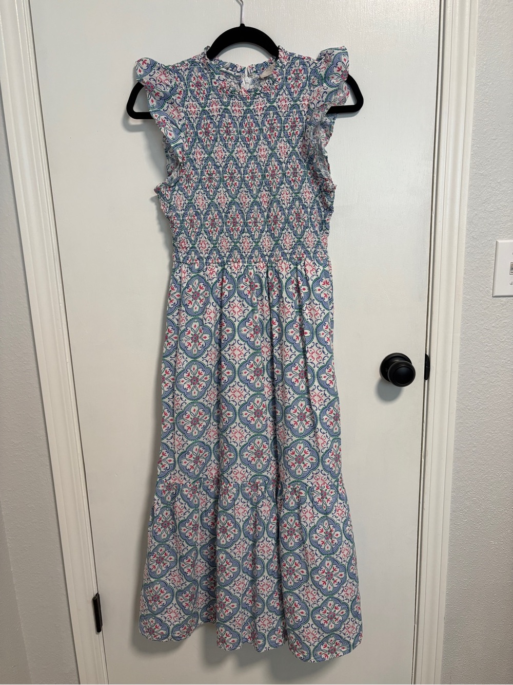 LOFT Blue Floral Smocked Maxi Dress with Ruffle Shoulders